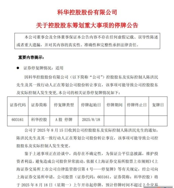 官网股票配资 下周一停牌！603161，控股股东正筹划重大事项